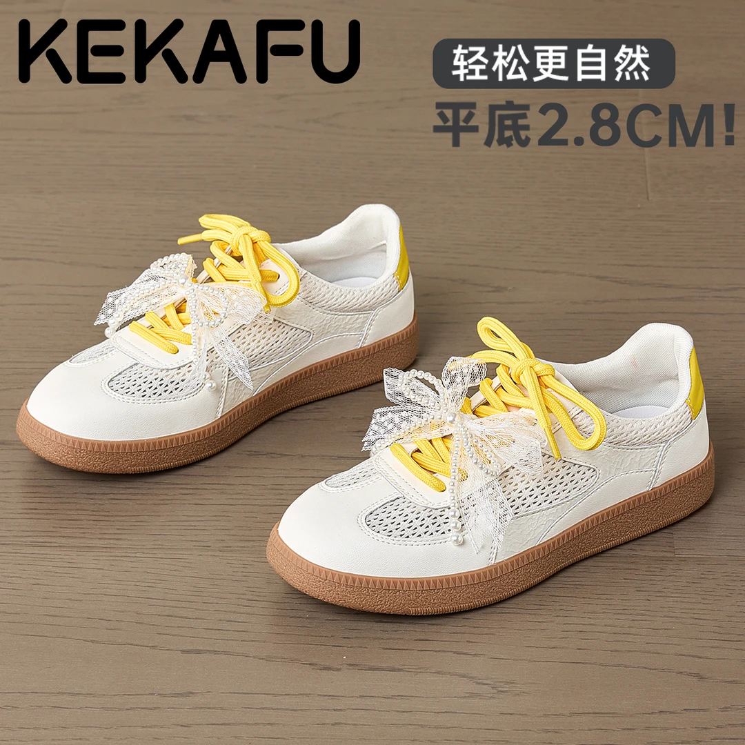 珂卡芙网纱透气蝴蝶结防滑百搭休闲板鞋女2025秋季新款平底德训鞋