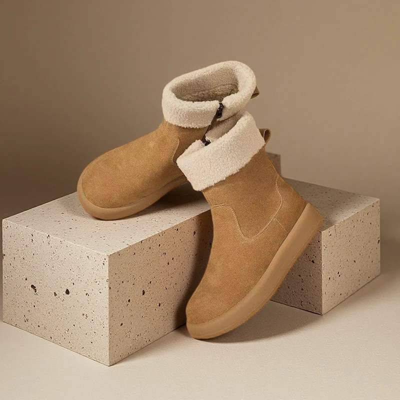 雪地靴靴子新款2025年磨砂皮平底靴厚底女加绒保暖冬季毛毛短筒靴