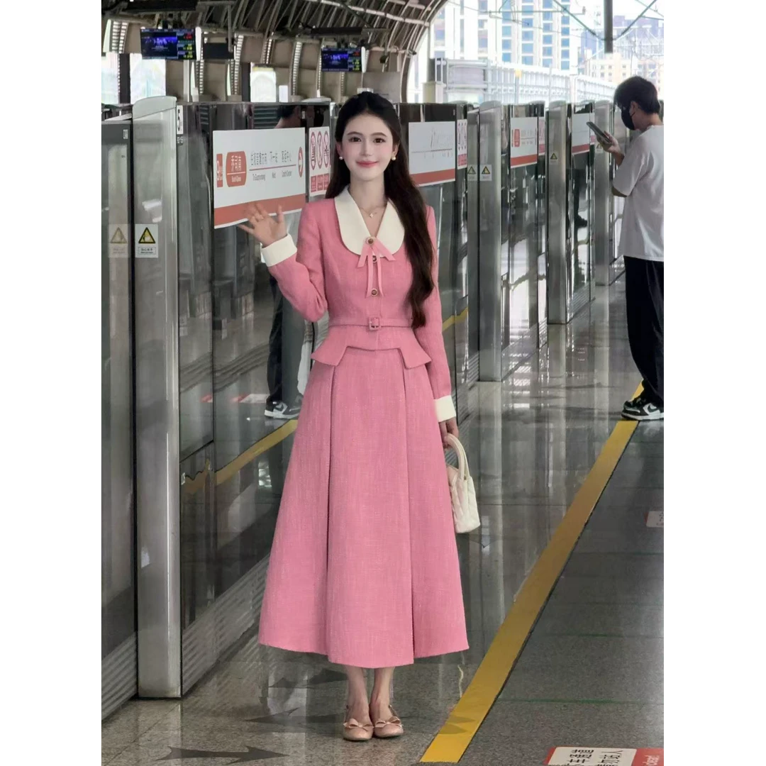 【桃桃日记】LiLi精致韩系小香风粉色上衣半裙套装两件套XMZH9336