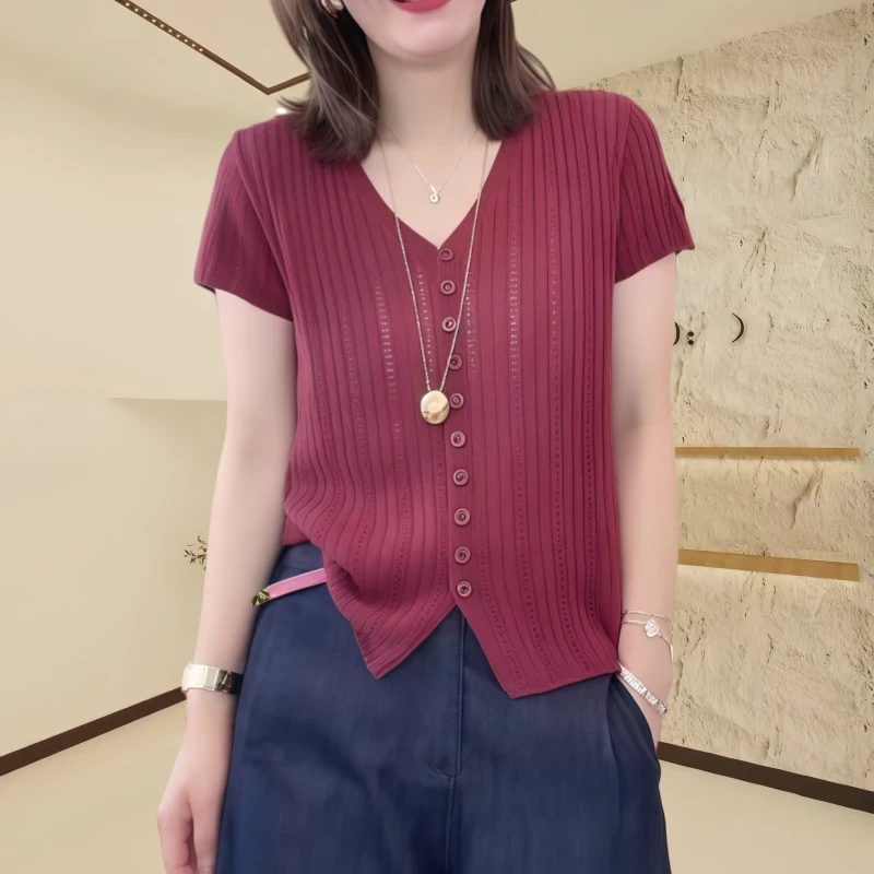 2夏季短袖v领开衫针织衫女款爆款2025新款韩版洋气减龄显瘦上衣