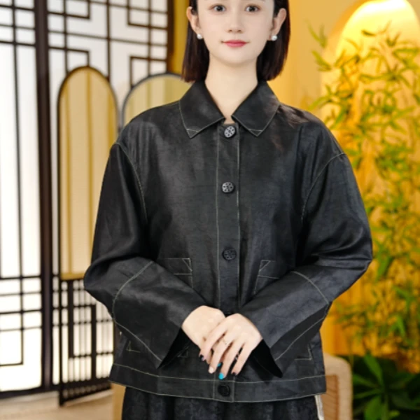 （LL）香云纱桑蚕丝上衣A-TSY-99316 黑色皮子