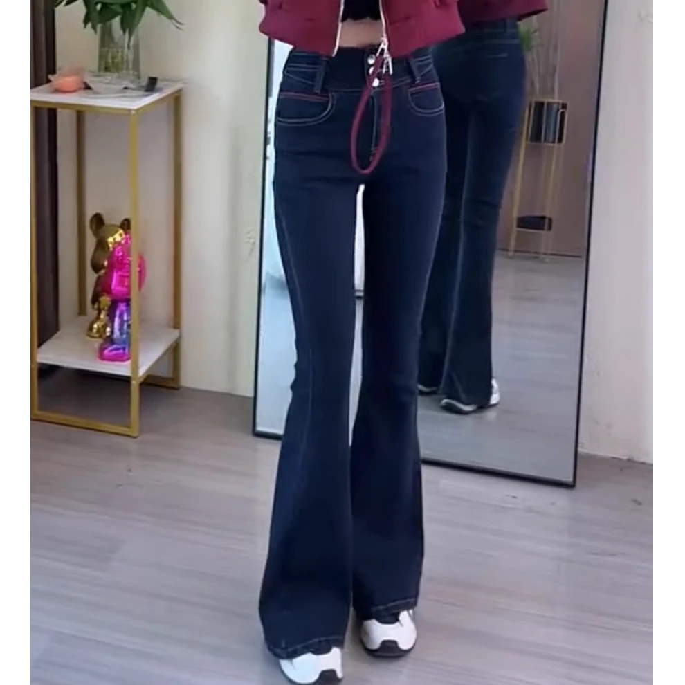 2025年春季新款高腰弹力微喇叭牛仔裤女胖mm百搭复古马蹄牛仔裤