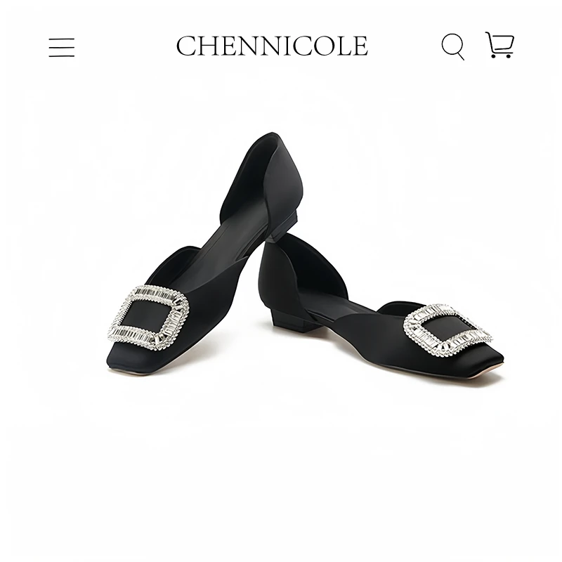 CHENNICOLE 江南美人 缎面黑色方头单鞋中空粗跟水钻浅口低跟鞋女