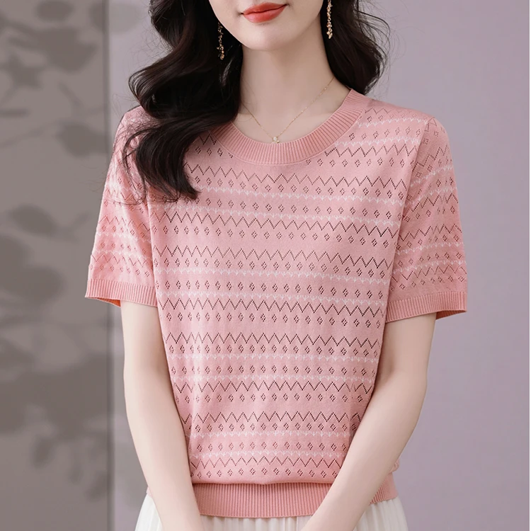 圆领短袖t恤女2025夏季新款妈妈宽松大码薄款冰丝上衣镂空针织衫2