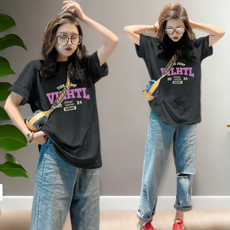 纯棉圆领短袖夏季新款大码t恤女胖mm宽松百搭显瘦灰色上衣服女ins