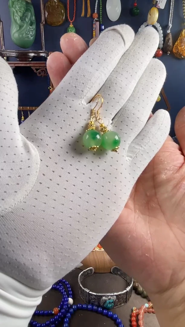 合金石英质玉（非洲翠）耳坠珐琅设计款绿色单珠耳钩