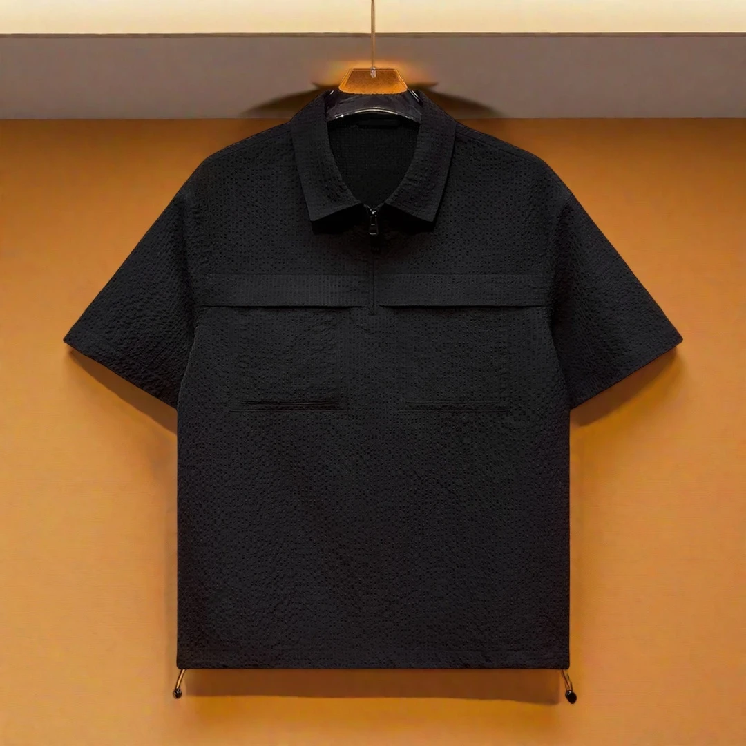 潮牌格纹颗粒感短袖夏季透气轻奢男士上衣男半袖帅气休闲翻领