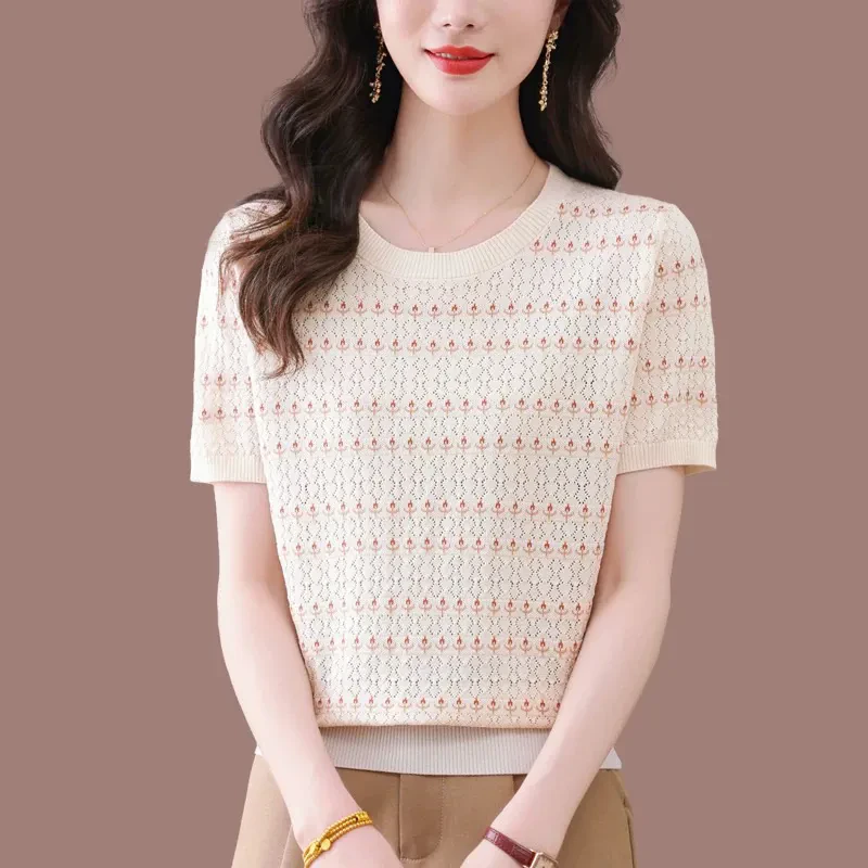 2025夏季新款冰丝条纹镂空针织短袖T恤女宽松显瘦外穿薄款上衣潮