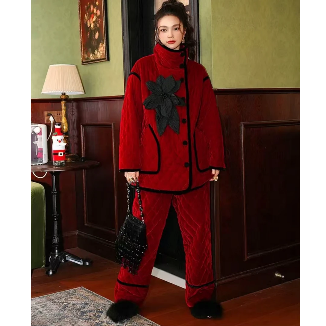 AW新款复古狂花高领气质三层夹棉套装家居服女可外穿