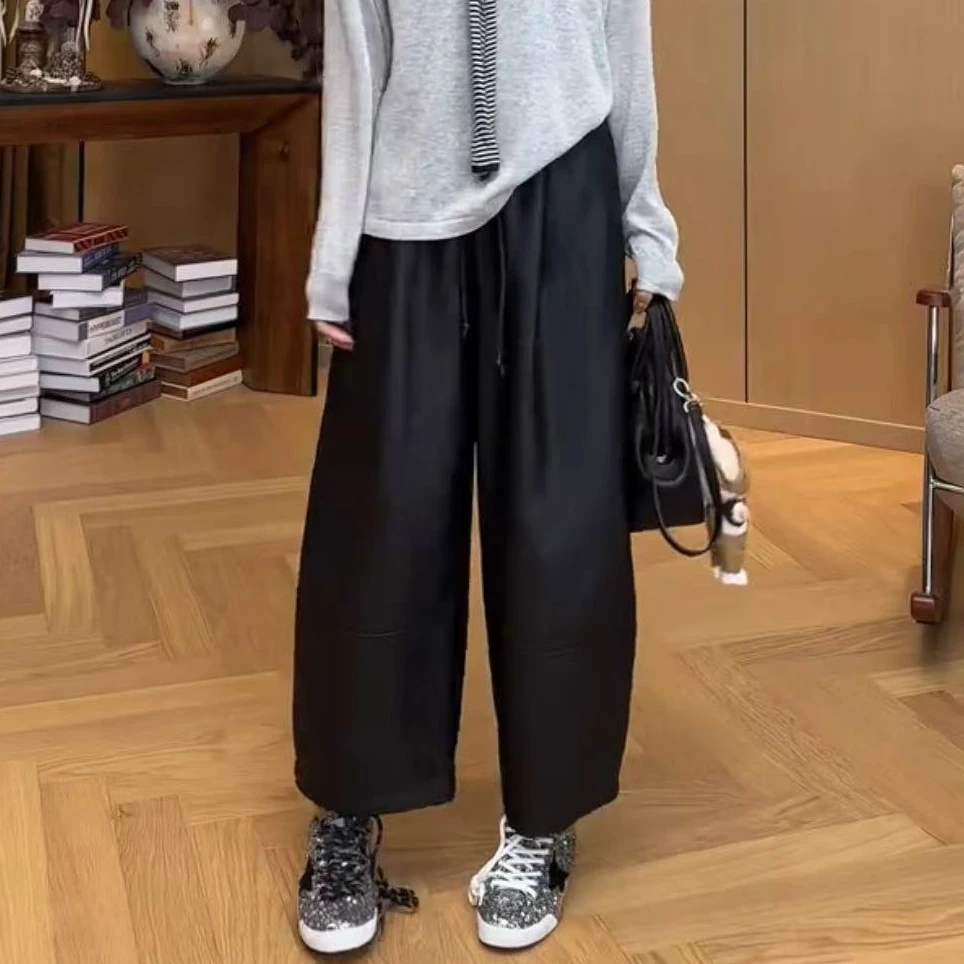 春秋新款大码九分阔腿皮裤女胖妹梨形身材宽松显瘦蛋白皮直筒裤