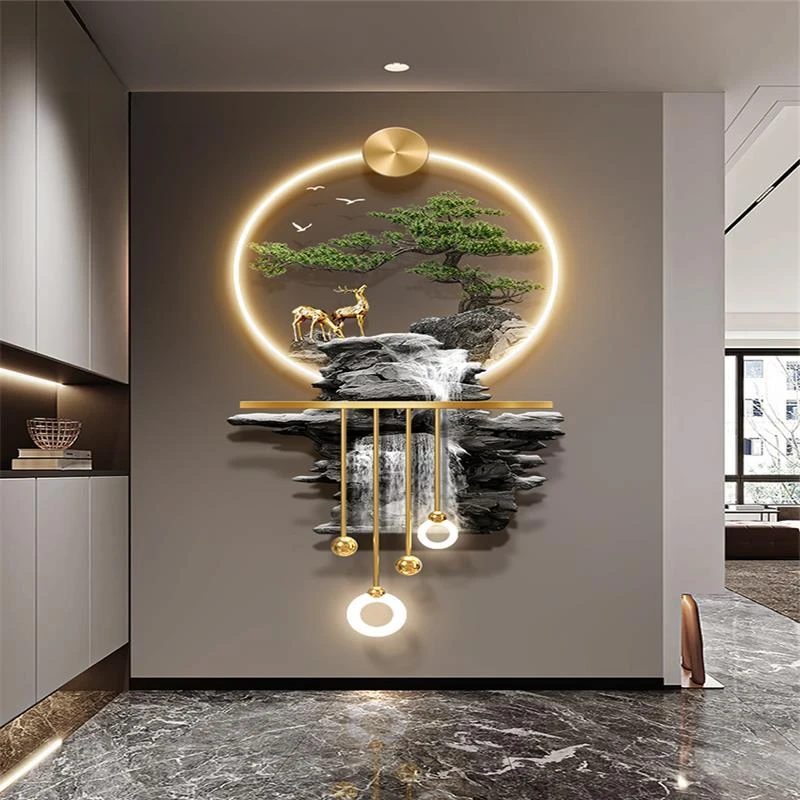 轻奢流水麋鹿墙壁画立体高档发光玄关装饰画走廊餐厅过道挂画