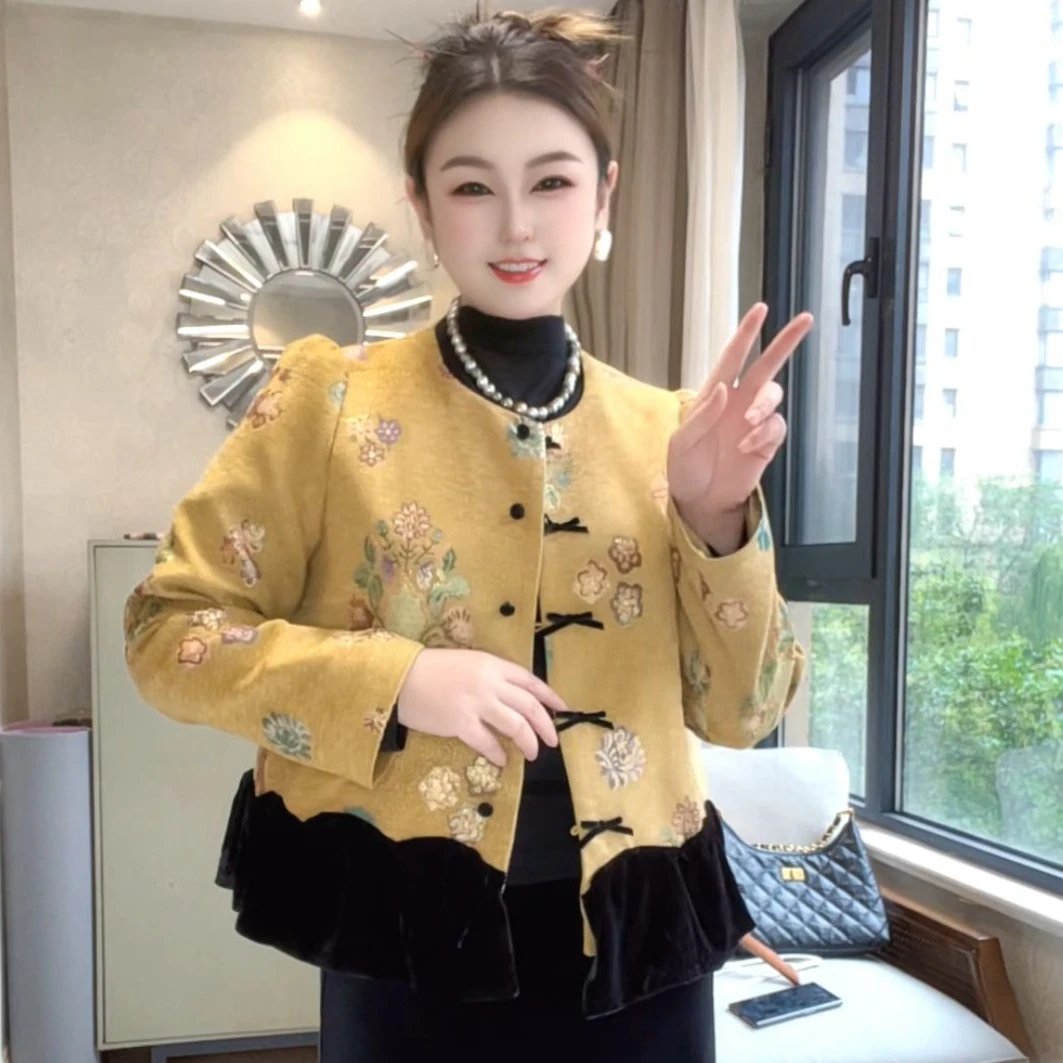 【大盼优选】圆领刺绣提花新中式国风精致时尚显瘦长袖秋装外套