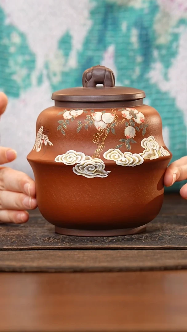 紫砂茶叶罐大象钮朱泥泥绘祥云寿桃仙鹤醒茶罐