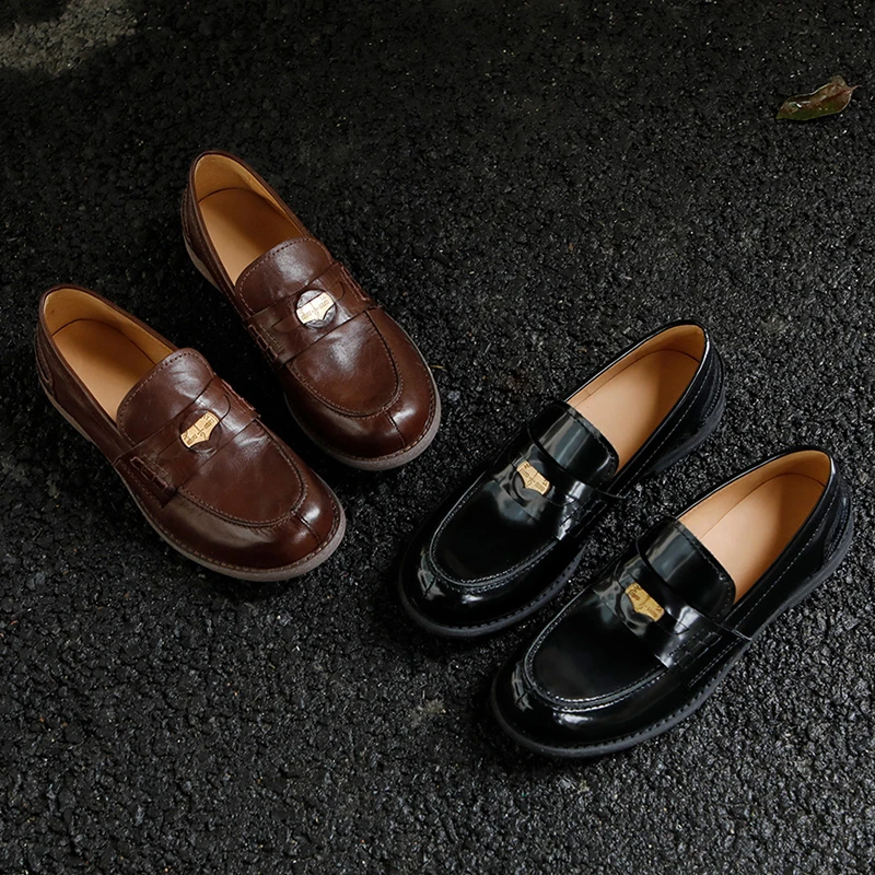 乐福鞋女复古风金币单鞋一脚蹬厚底小皮鞋