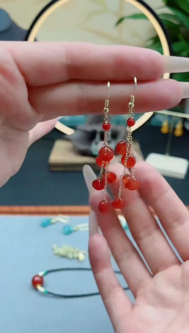 玛瑙/玉髓耳饰银S925镶嵌1算盘珠红