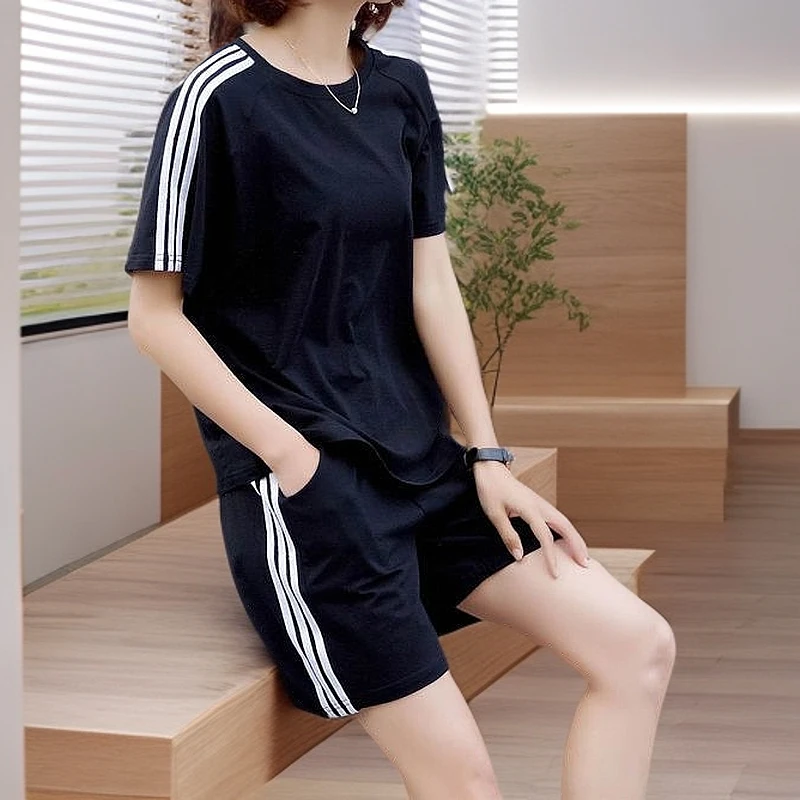 【100%棉】大码女装夏季新款百搭时尚女士宽松跑步运动短袖短裤套装