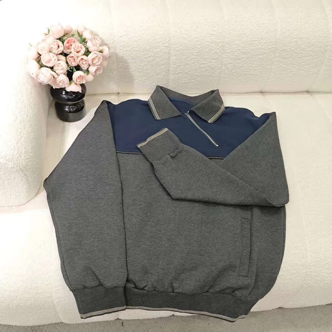 5953翻领拼接POLO卫衣条纹半拉链设计重磅卫衣运动风