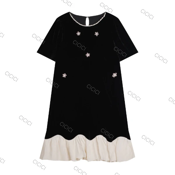 【CiCi酱】雪柳丝缕 夏季千金风拼色下摆桑蚕丝绒面花朵连衣裙06095