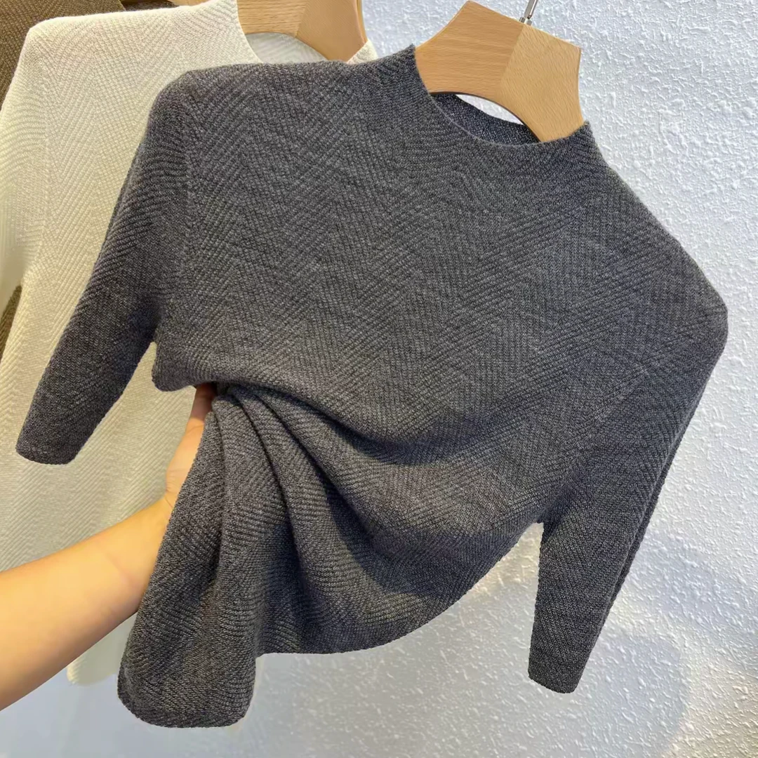 （长袖+中袖）鱼骨纹秋冬新款轻奢半高圆领修身打底衫女百搭上衣潮