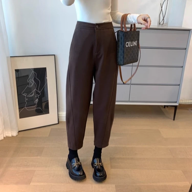 斜裁毛呢萝卜裤女秋冬加绒梨型身材高腰宽松显瘦休闲百搭哈伦裤