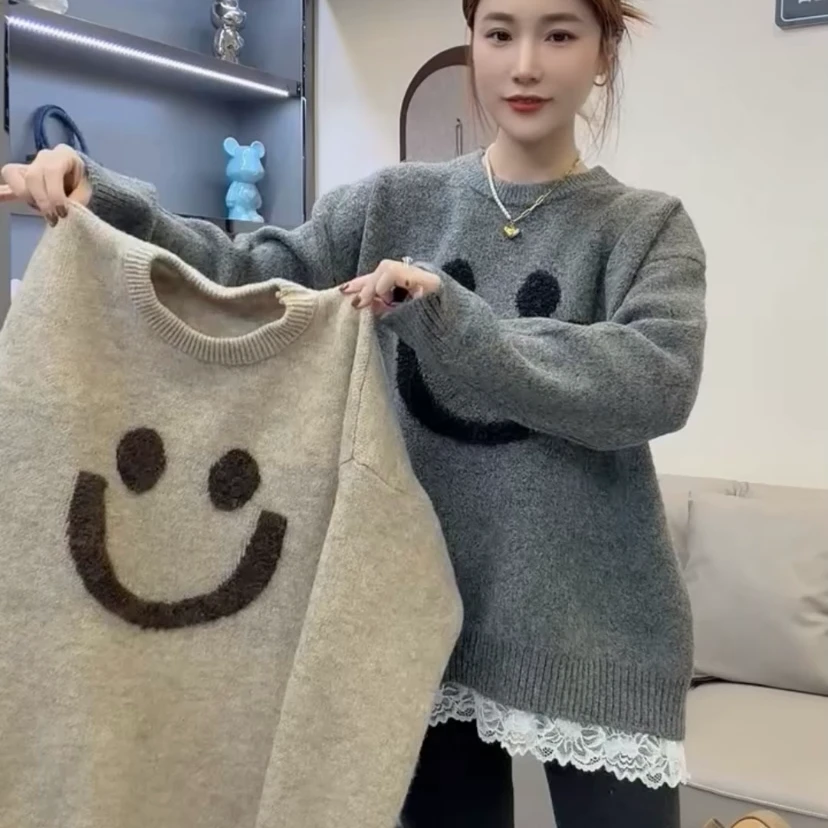 蕾丝拼接毛衣女秋冬新款洋气中长款遮屁股上衣打底针织衫