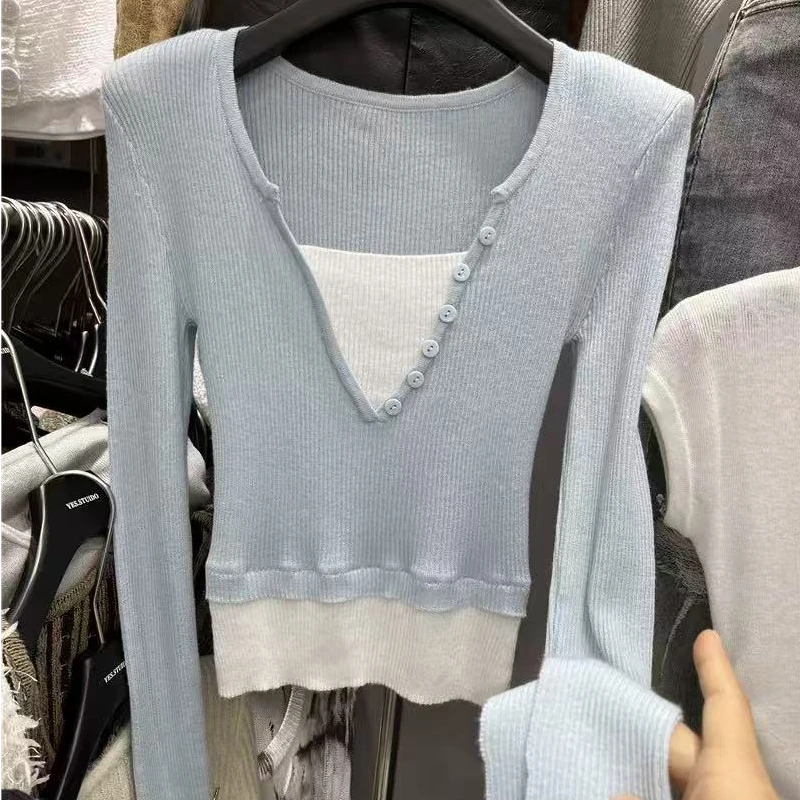 清 87741 拼色针织上衣
