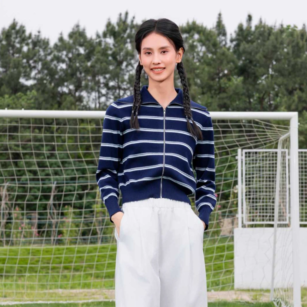 【商场品质】法式翻领设计感 时尚撞色条纹针织开衫 YT 253049