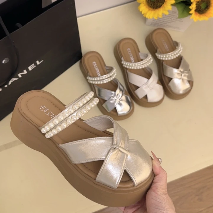 包头半拖鞋女2025新款夏季珍珠两穿厚底设计感镂空一脚蹬懒人半托