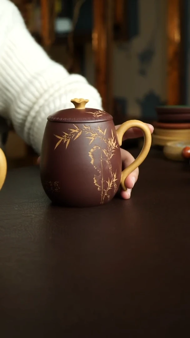 茶杯紫砂75号 李建军老师黄金段粉浆紫泥竹刻盖杯