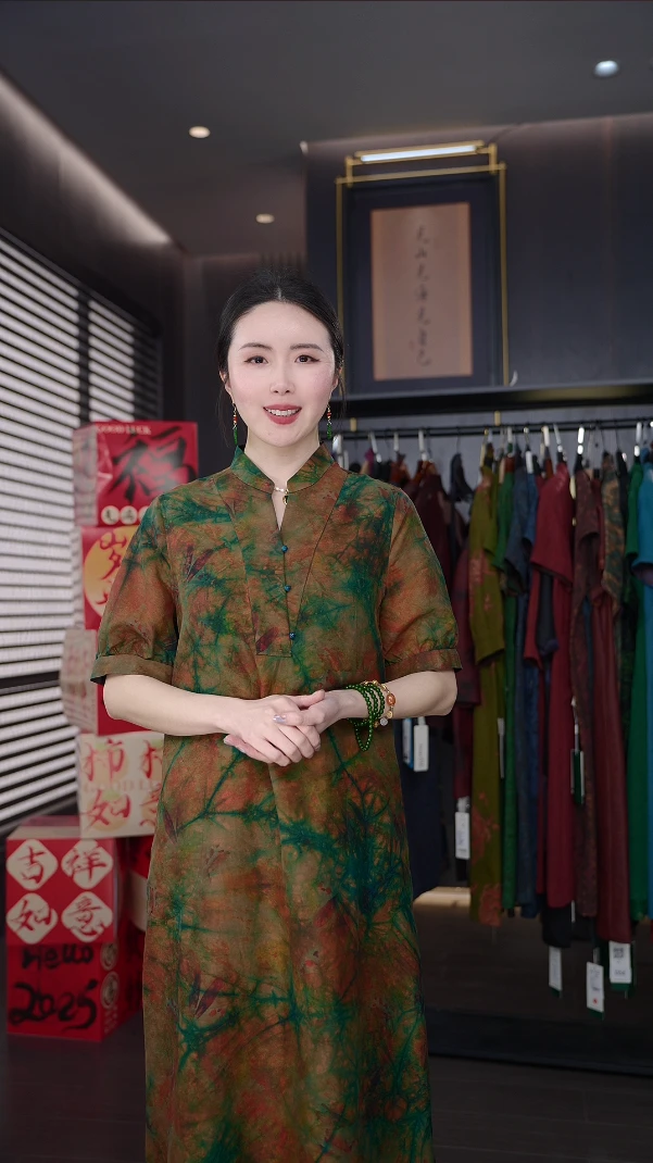 霓裳阁100%桑蚕丝 新品香云纱扎染连衣裙99173扎染绿色