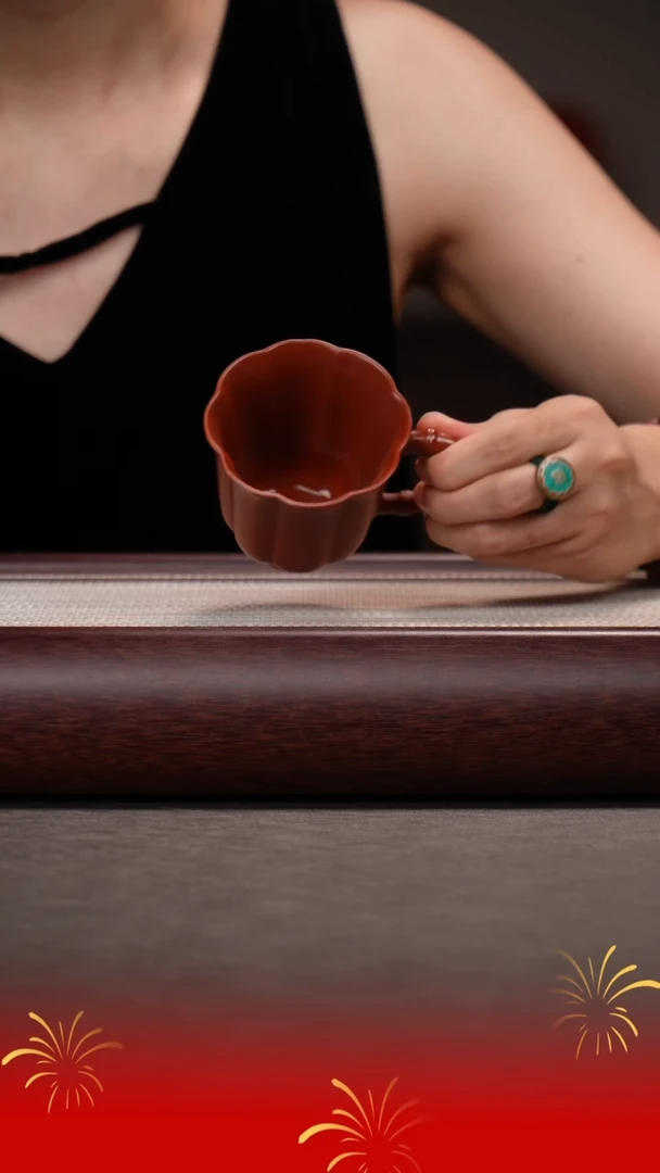 茶壶紫砂红泥筋纹带把杯