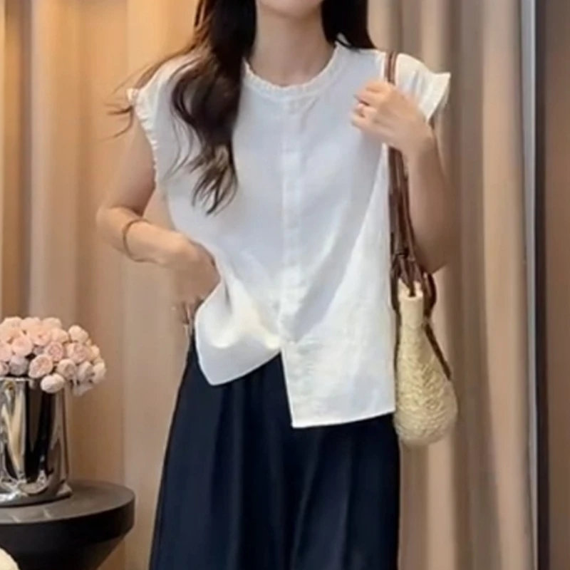 小众气质显瘦上衣夏季薄款胖MM大码女装法式木耳边宽松无袖衬衫女