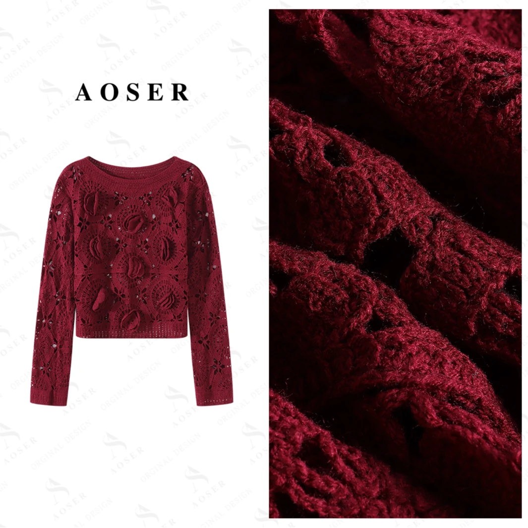 AOSER女士时尚百搭潮流女款毛针织衫长袖常规款红色针织衫960