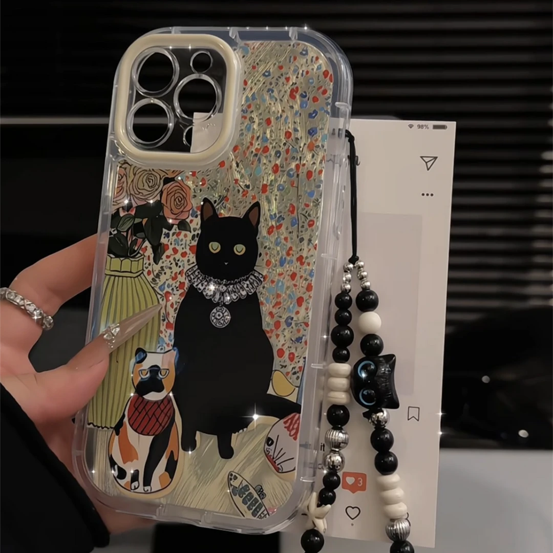 复古花瓶黑猫适用苹果16promax手机壳iPhone15泡芙华为oppo小米15