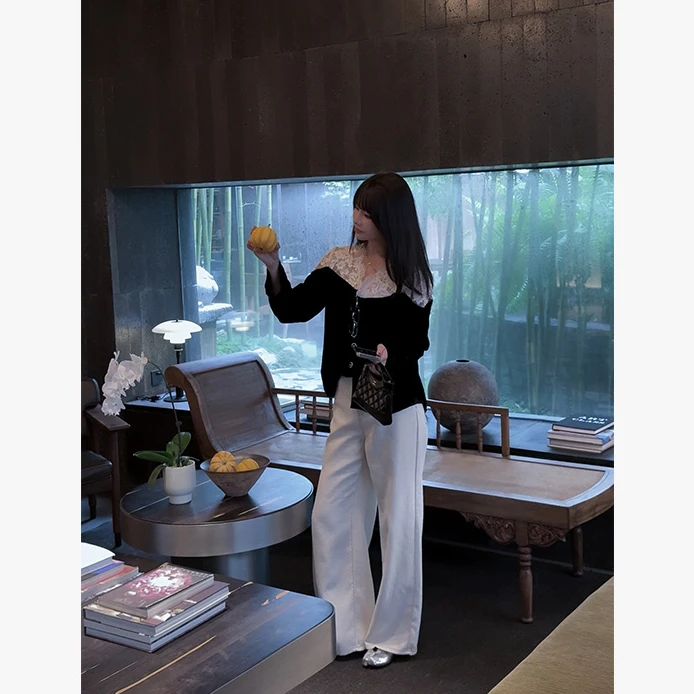 MYRA“线迹”明线撞色设计师款高腰直筒牛仔裤长裤XM025220