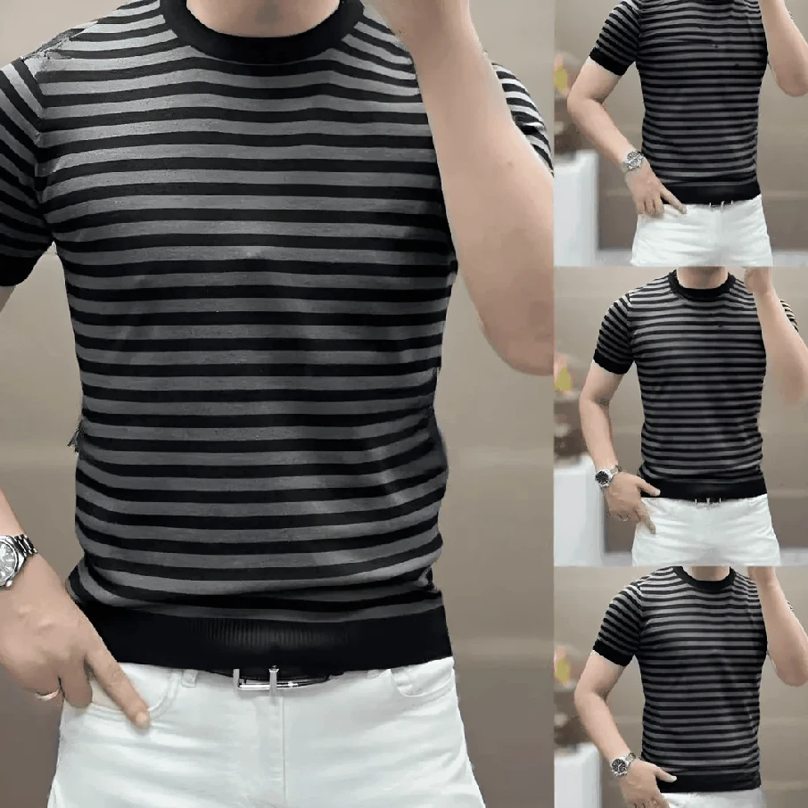 2025秋季新款圆领潮流百搭男士条纹修身毛衣短袖轻奢高品质针织