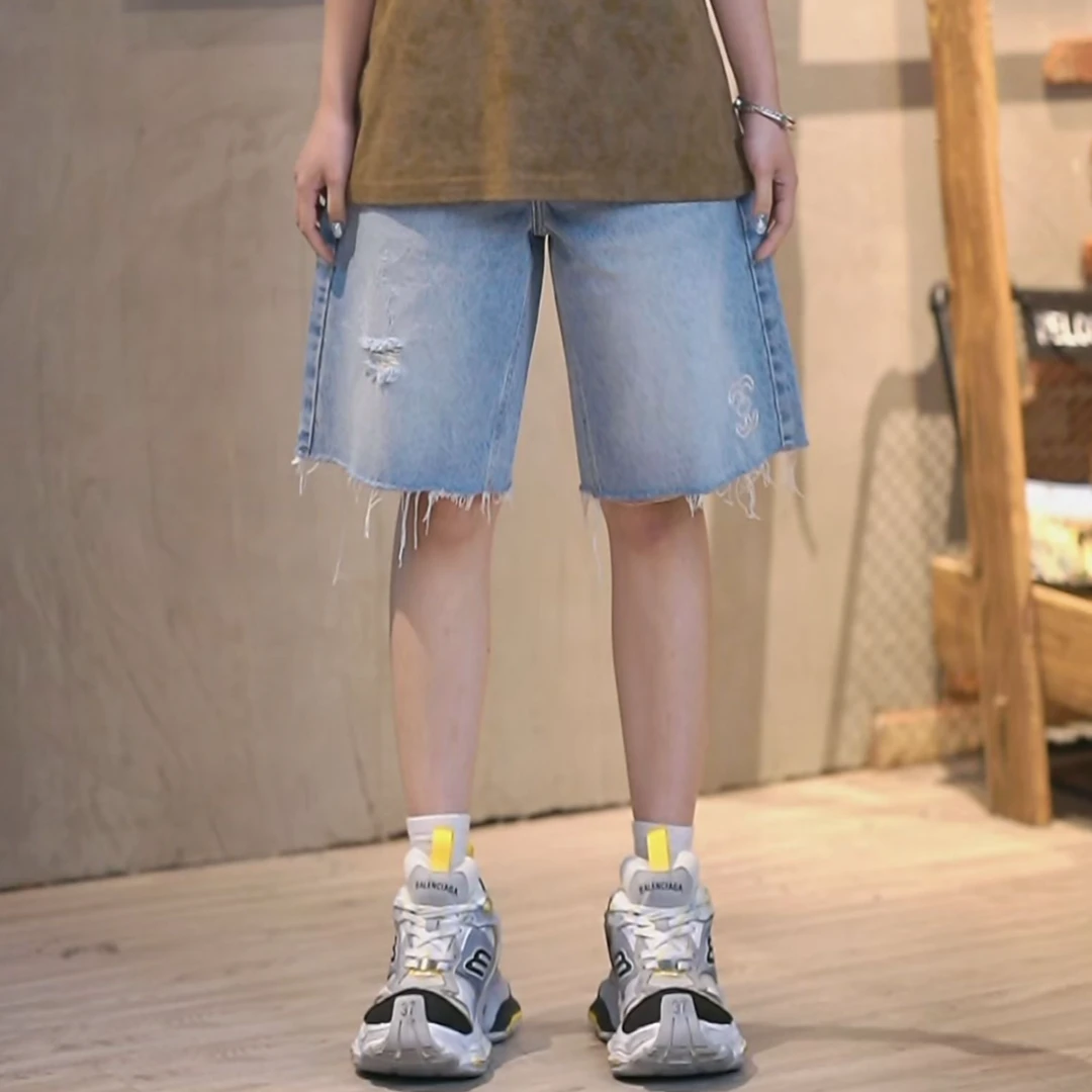 Lahamo/癞蛤蟆大牌同款夏季薄款潮牌破洞男女宽松牛仔中裤5290