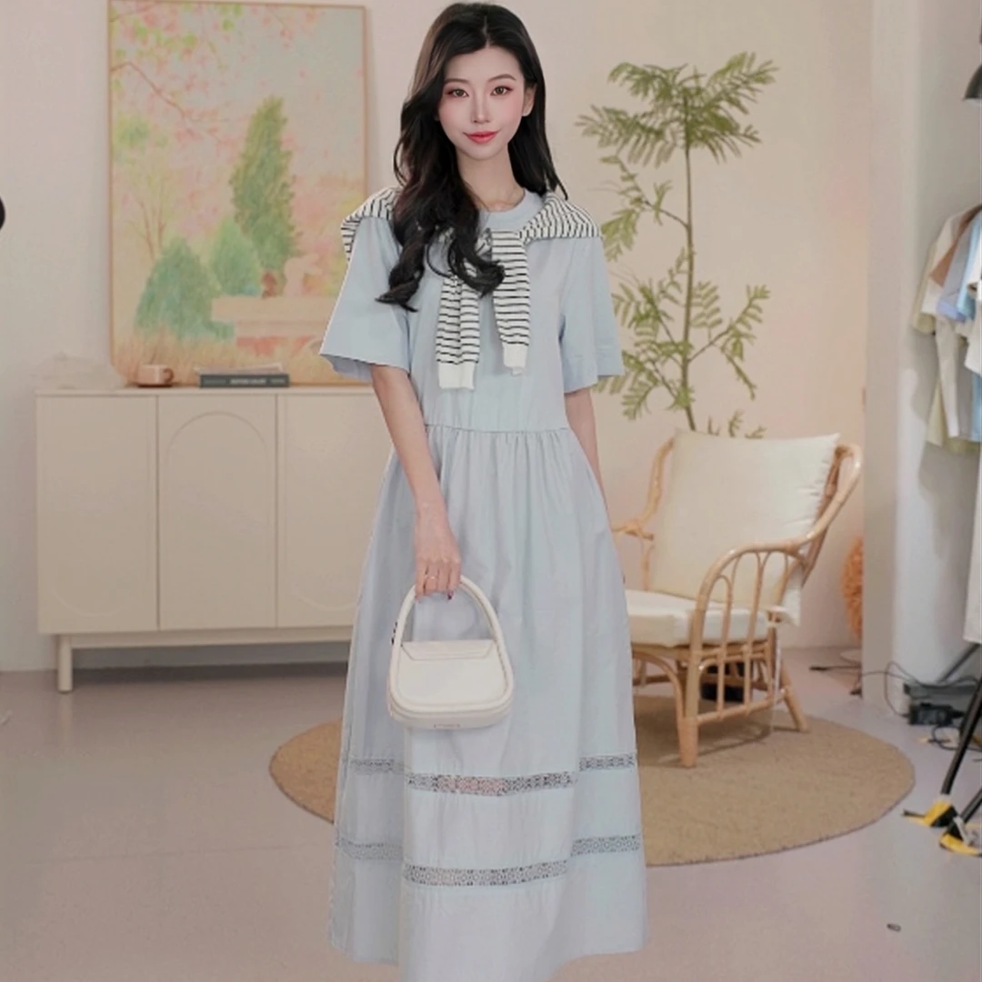 【年终狂欢购】初语拼接连衣裙2025年春季镂空花边短袖中长款T恤裙