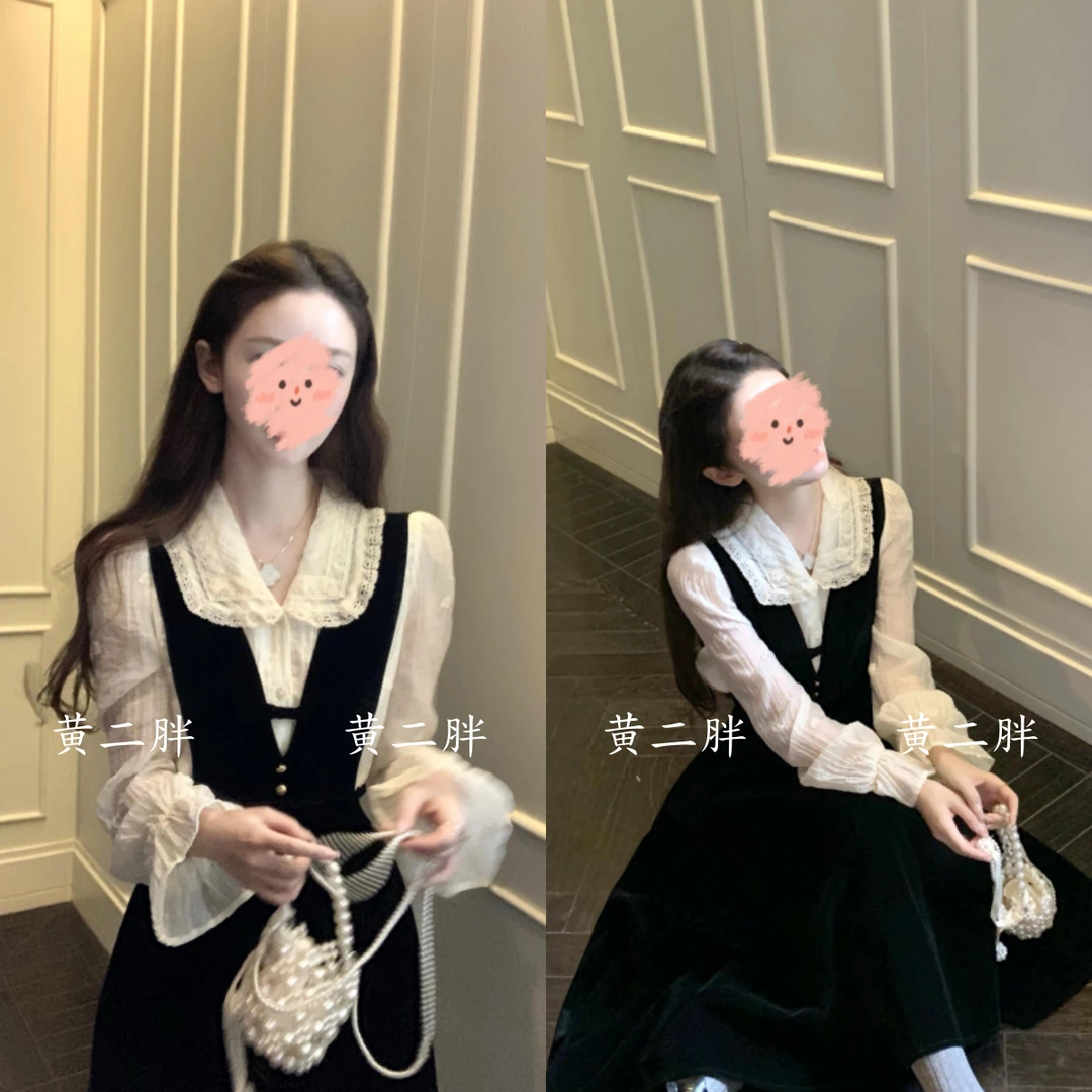 刺绣翻领衬衫+背带丝绒连衣裙两件套女秋季复古小香风设计感穿搭