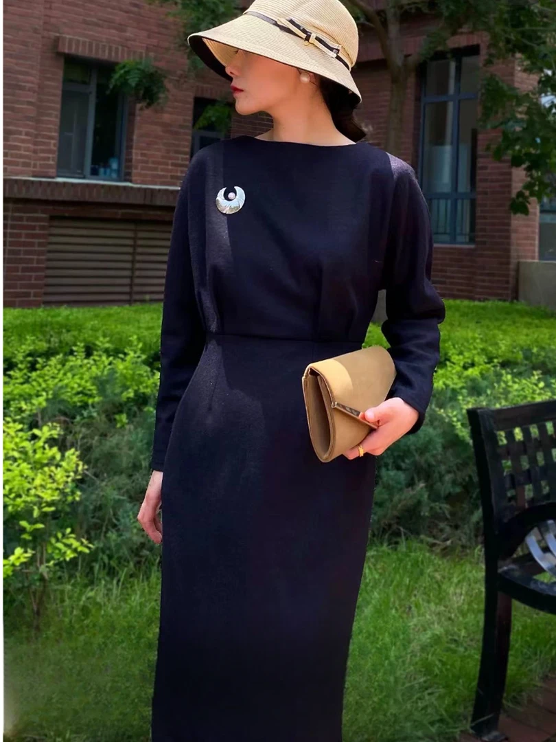 平凡高定！设计师秋冬时尚优雅羊毛连衣裙F0842(A22-10)