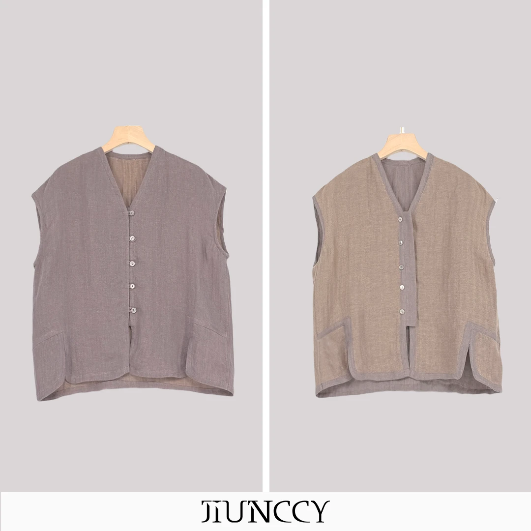 JIUNCCY【合欢】100双面色织亚麻里外两面穿开襟落肩袖上衣52YCY115