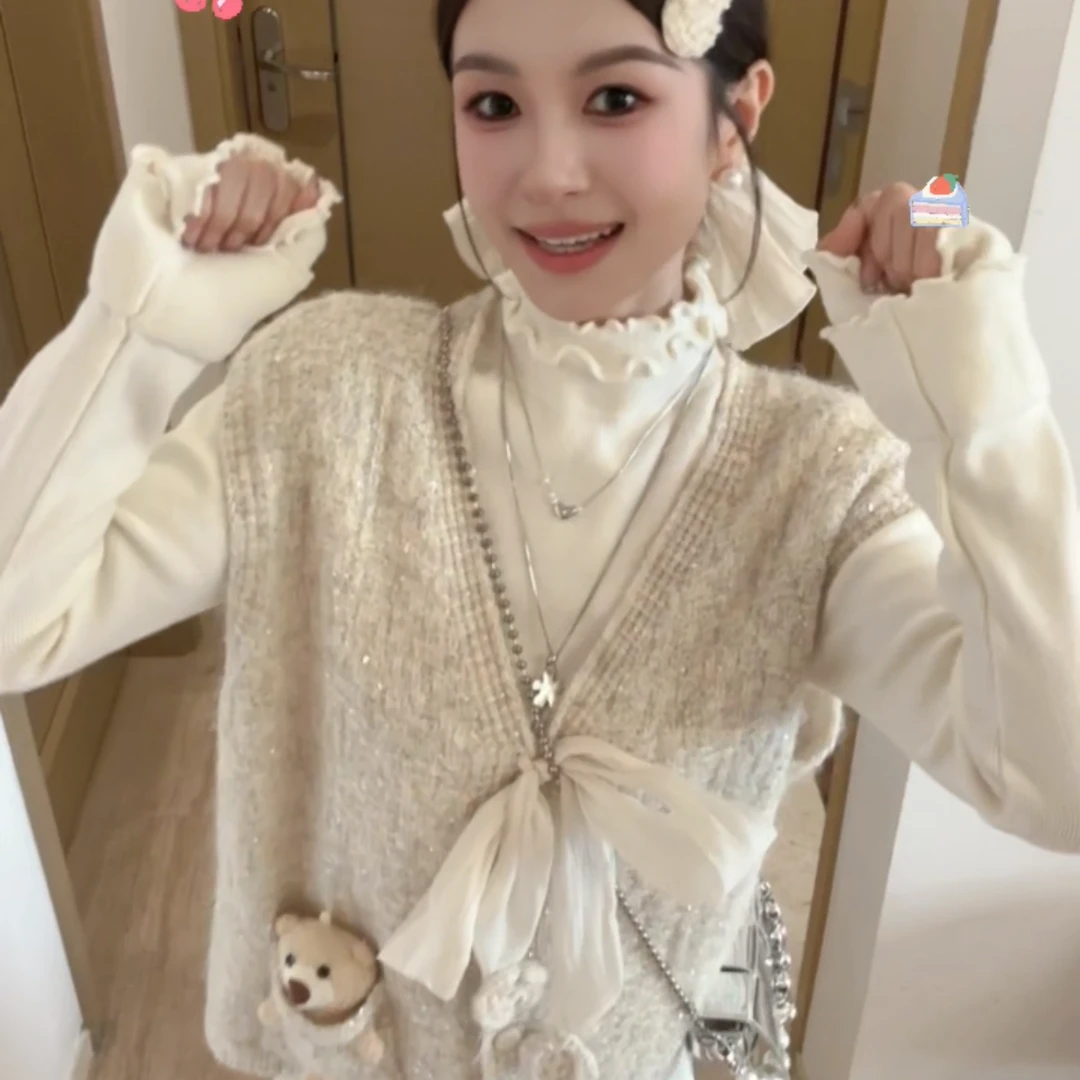 甜美风V领女厚款宽松型拼接马夹秋冬上衣设计感宽松背心马甲女