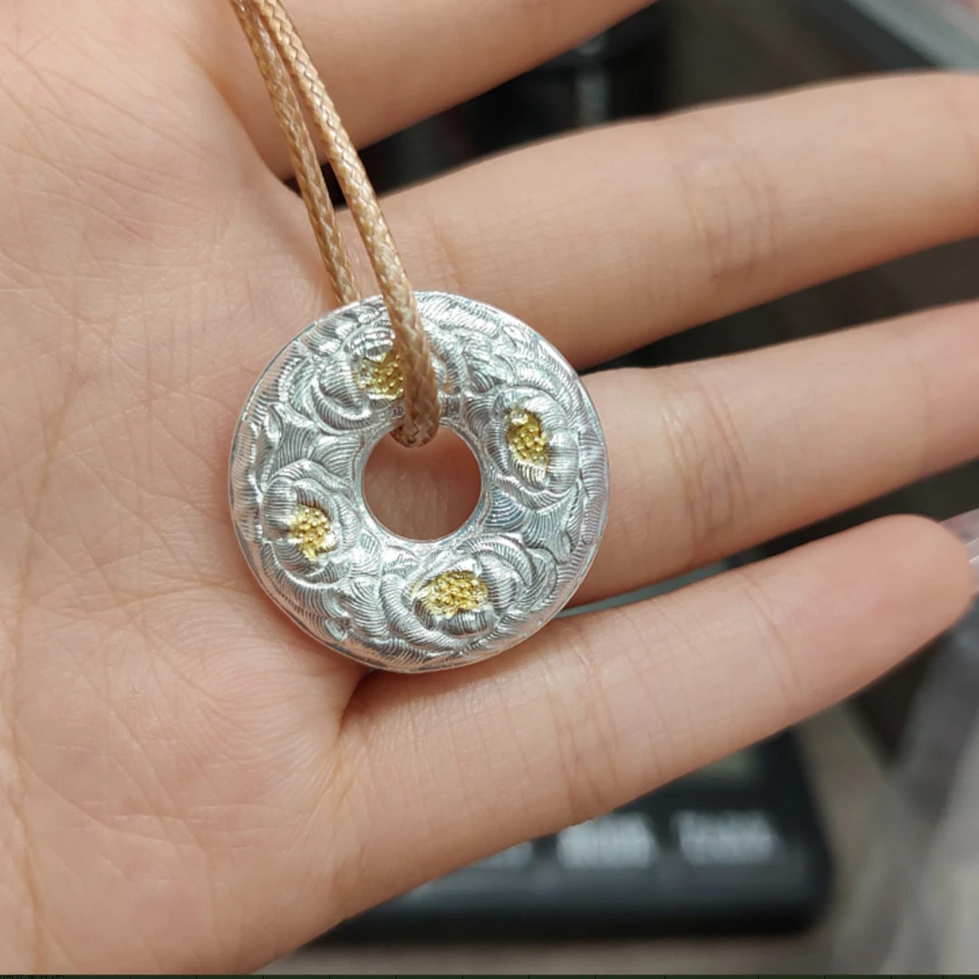 吊坠足银 足银花朵牡丹花平安扣吊坠18g