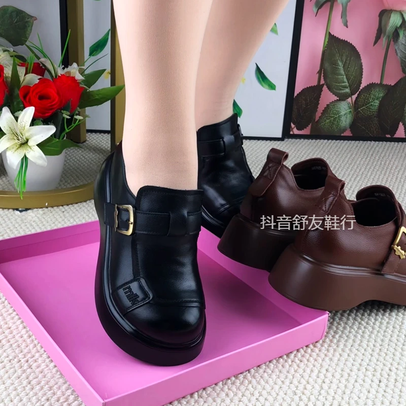 牛皮单鞋女2025春季新款真皮松糕厚底女鞋妈妈鞋系带乐福鞋小皮鞋