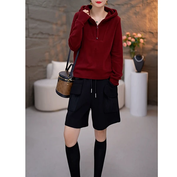 安哥拉红新款百搭休闲冬季新款显瘦减龄时尚连帽卫衣-3904