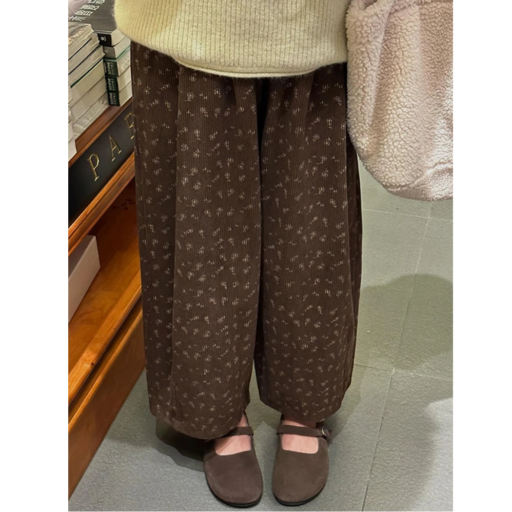 冬季美拉德棕色九分碎花裤子大码女胖mm显瘦休闲灯芯绒阔腿奶奶裤