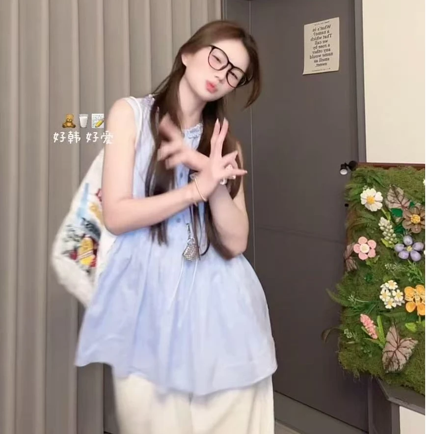 法式甜美花边娃娃衫女小个子设计感宽松显瘦无袖背心衬衫上衣夏季