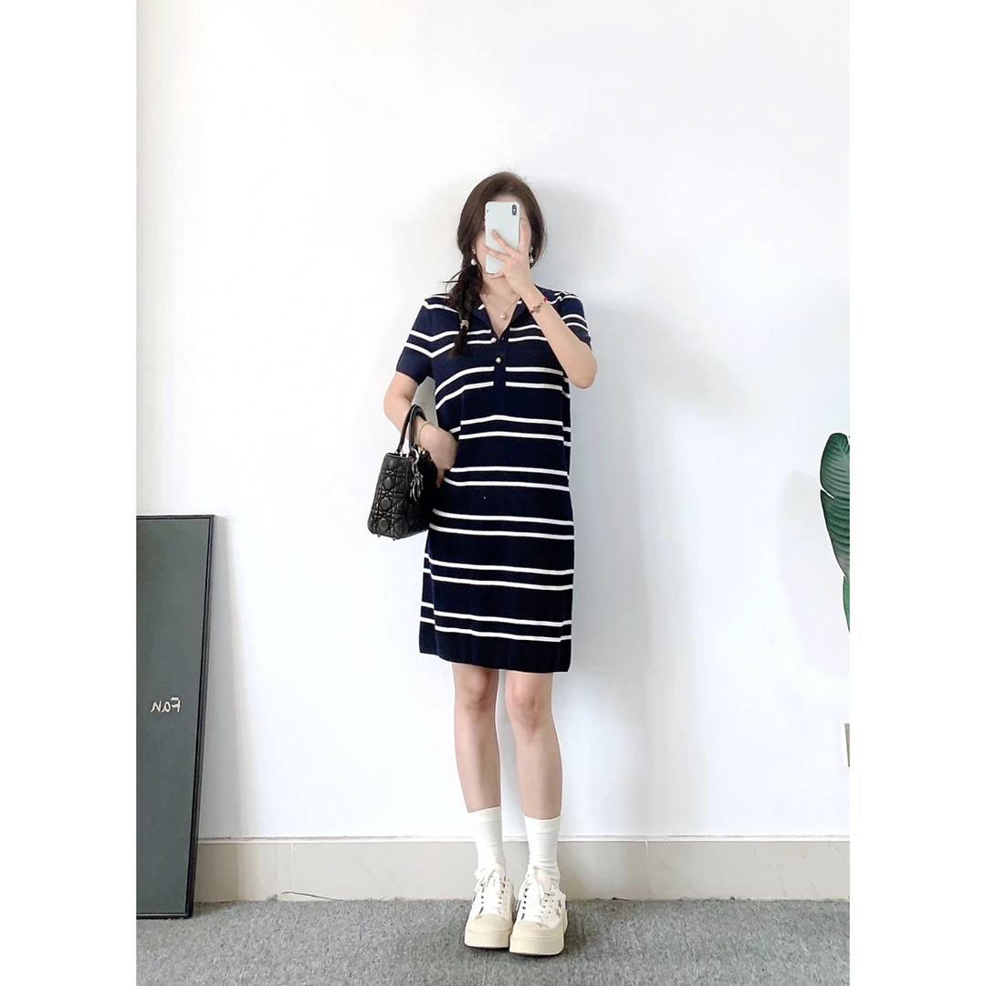 简约通勤轻薄针织连衣裙2025年夏季新款POLO领条纹短裙6567