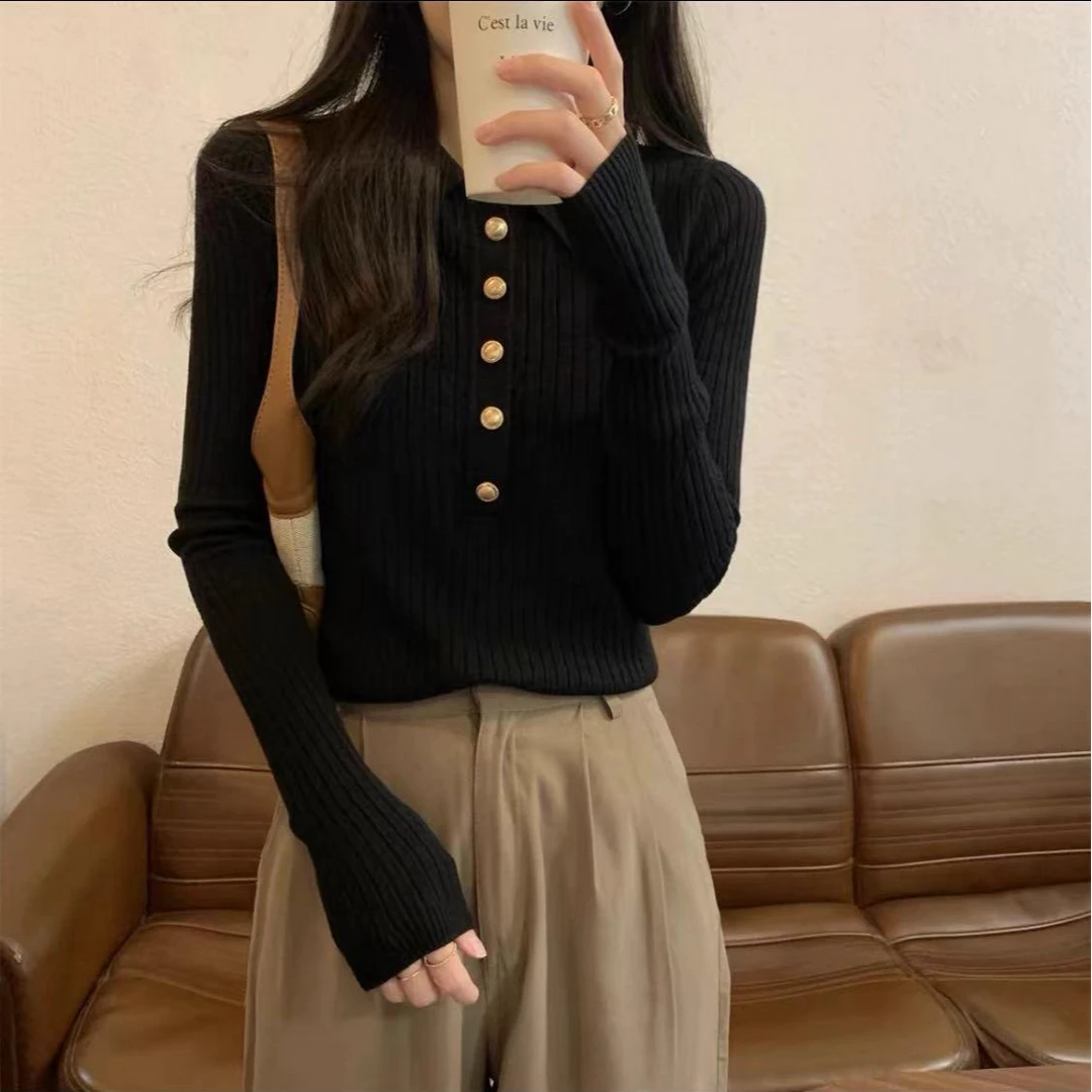 3696大码女装2025春秋新款法式POLO领针织衫别致打底衫高级感毛衣