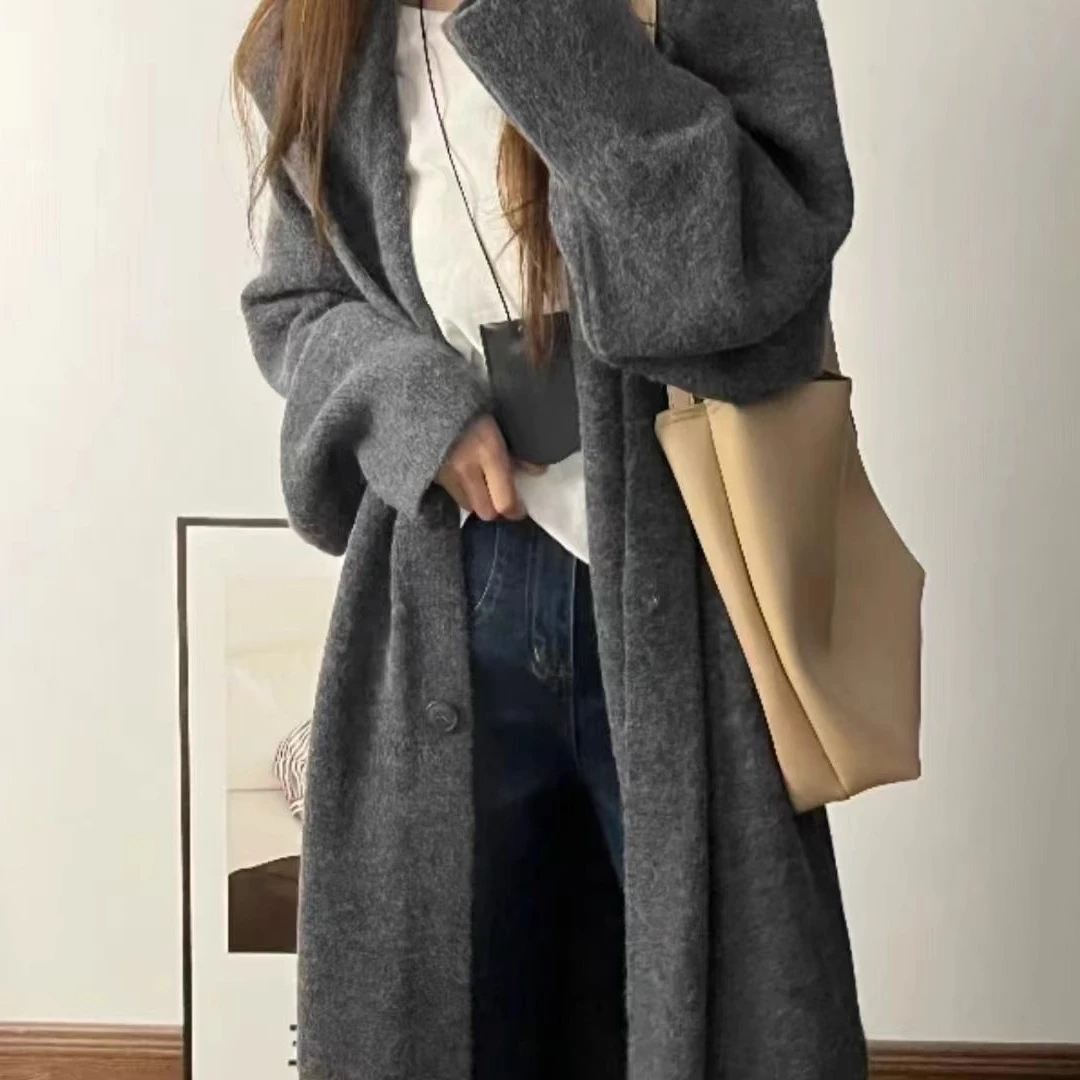 2025连帽外套女宽松秋冬中长款针织开衫新款百搭网红灰色慵懒风